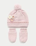 Ensemble bonnet et moufles bébé à motif floral (jusqu’au 3 ans)