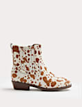 Kids' Leather Cow Print Western Ankle Boots (4 Small - 6 Large)