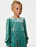 Velvet Floral Embroidered Tiered Dress (2-8 Yrs)