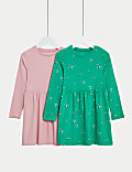2pk Cotton Rich Floral & Ribbed Dresses (2-8 Yrs)