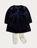 Ensemble 2 pièces robe en velours avec nœud et collants (jusqu’au 6 ans)