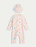 2pc Sealife Zip All In One Swimsuit & Hat (0-3 Yrs)