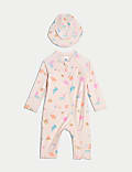 2pc Sealife Zip All In One Swimsuit & Hat (0-3 Yrs)