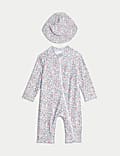 2pc Floral Zip All In One Swimsuit & Hat (0-3 Yrs)