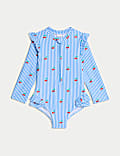 Maillot de bain à manches longues, avec motif cerise, rayures et volants (jusqu’au 3 ans)