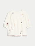 Besticktes Kleid aus reiner Baumwolle mit Puffärmeln (0–6 J.)