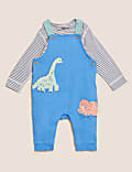 Ensemble 2&nbsp;pièces en coton avec salopette à motif dinosaure (jusqu’au 3&nbsp;ans)