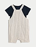2-tlg. Outfit aus Baumwollleinen mit gestreifter Latzhose (0–3 J.)