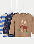 3pk Pure Cotton Moose & Striped Tops (0-3 Yrs)