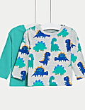 2pk Pure Cotton Dinosaur & Plain Tops (0-3 Yrs)