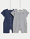 2pk Pure Cotton Striped & Plain Rompers (0-3 Yrs)