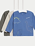3pk Pure Cotton Dinosaur & Striped Tops (0-3 Yrs)