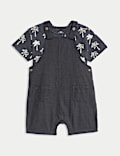 Ensemble 2&nbsp;pièces avec salopette 100&nbsp;% coton à motif palmier (jusqu’au 3&nbsp;ans)