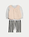 Ensemble 3 pièces avec sweat à rayures, pantalon de jogging veste sans manches imitation peau de mouton (jusqu’au 3 ans)