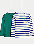 2pk Pure Cotton Striped & Plain Tops (2-8 Yrs)