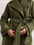Manteau croisé coupe longue 100 % laine avec ceinture