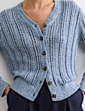 Cotton Rich Textured Open Knit V-Neck Cardigan