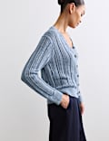 Cotton Rich Textured Open Knit V-Neck Cardigan