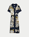 Robe chemise midi à rayure latérale et imprimé feuilles