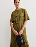 Herringbone Collarless Tie Waist Pleated Midi Shirt Dress