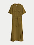 Herringbone Collarless Tie Waist Pleated Midi Shirt Dress