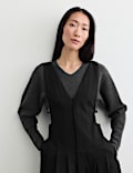 Wool Blend Pleated V Neck Midi Waisted Dress
