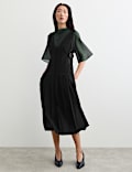 Wool Blend Pleated V Neck Midi Waisted Dress