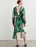 Cotton Silk Blend Geometric Midi Shirt Dress