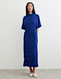 Fluid Drape Cowl Neck Tie Detail Midi Waisted Dress
