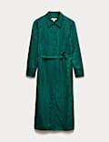 Robe chemise midi à col V et motif fleuri jacquard