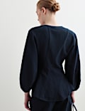 Cotton Rich Textured V-Neck Blouse