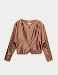 Top plissé en coton à col en V et fermeture boutonnée