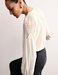 Lace Insert Collarless Button Through Blouse