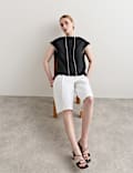 Satin Back Top Contrast Trim with Linen