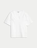 T-shirt boxy à col en V en coton mercerisé