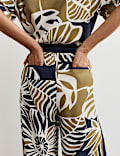 Leaf Print Drawstring Wide Leg Trousers