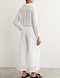 Pantalon jambe droite en coton m&eacute;lang&eacute; et dentelle