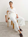 Pantalon jambe droite en coton m&eacute;lang&eacute; et dentelle