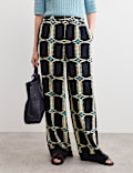 Pure Silk Geometric Print Wide Leg Trousers