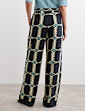 Pure Silk Geometric Print Wide Leg Trousers