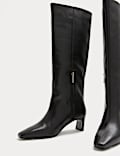 Leather Block Kitten Heel Knee High Boots