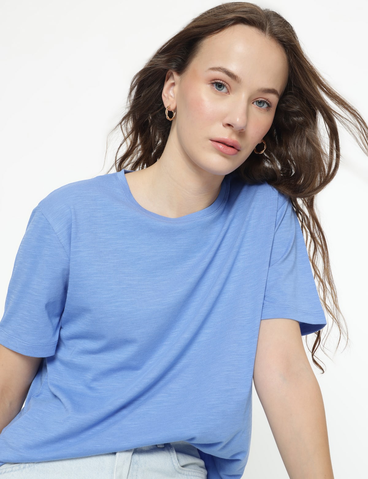 

Marks & Spencer Cotton Rich Plain Half Sleeves T-Shirt (FEMALE, FRESH BLUE, 20)