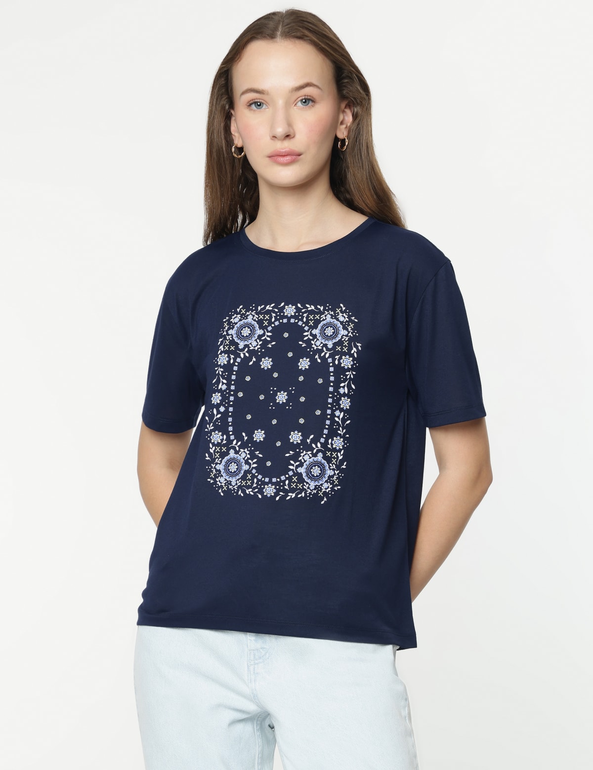 

Marks & Spencer Printed Half Sleeves T-Shirt (FEMALE, NAVY MIX, 12)