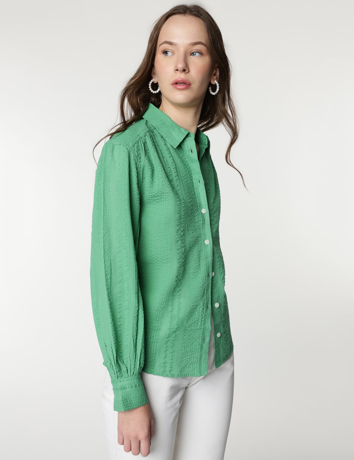 

Marks & Spencer Pure Cotton Stripes Spread Collar Shirt (FEMALE, MEDIUM GREEN, 20)