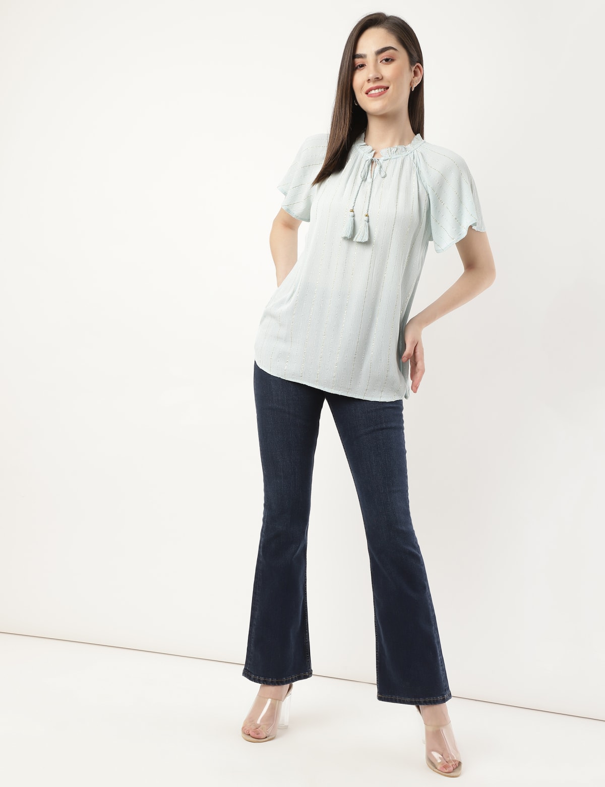 

Marks & Spencer Pure Viscose Printed Tie-Up Neck Top (FEMALE, AQUA MARINE, 14)
