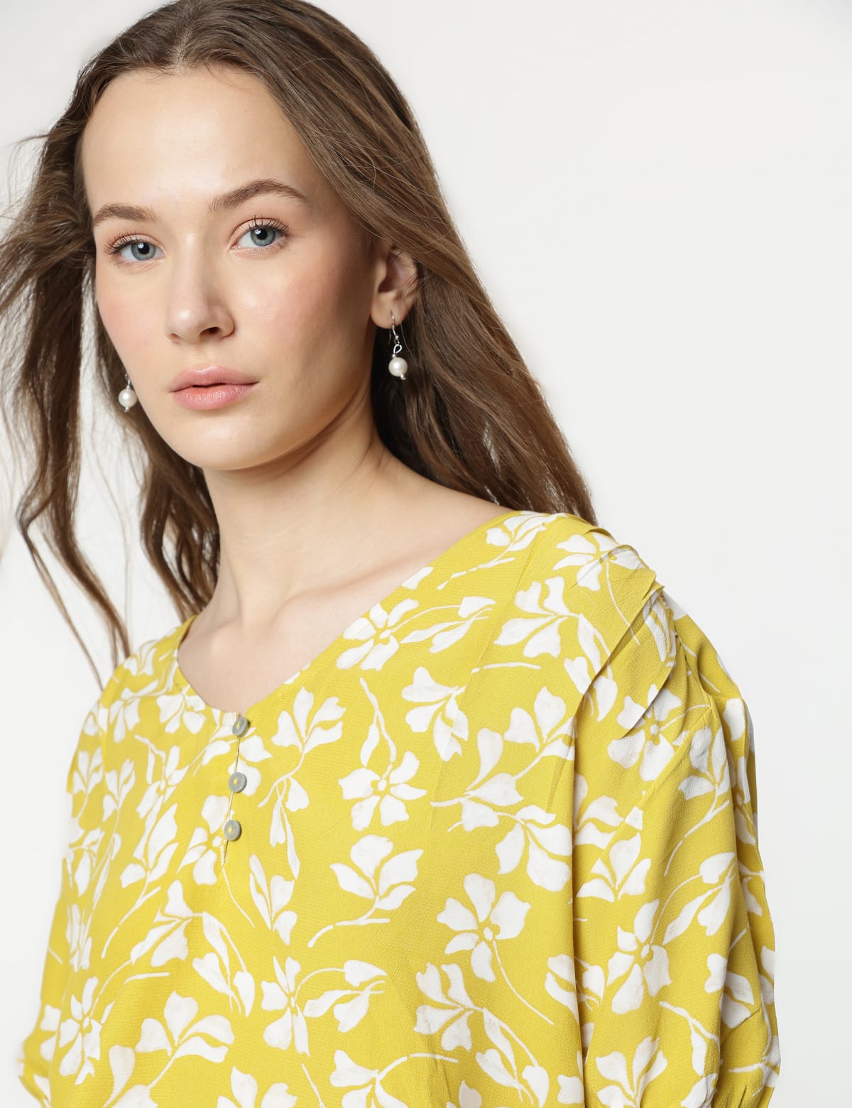 

Marks & Spencer Pure Viscose Printed Half Sleeves Blouse (FEMALE, CITRUS, 10-REG)