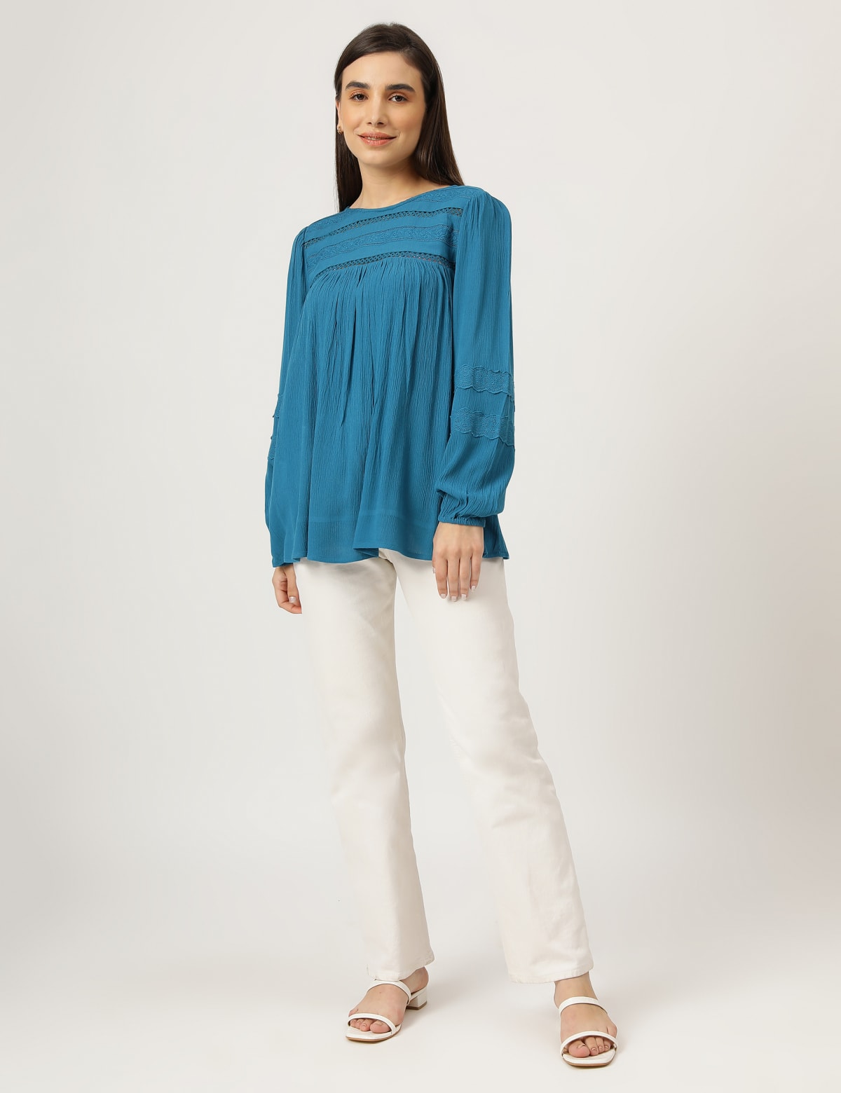 

Marks & Spencer Pure Viscose Embroidered Round Neck Top (FEMALE, TEAL GREEN, 10)