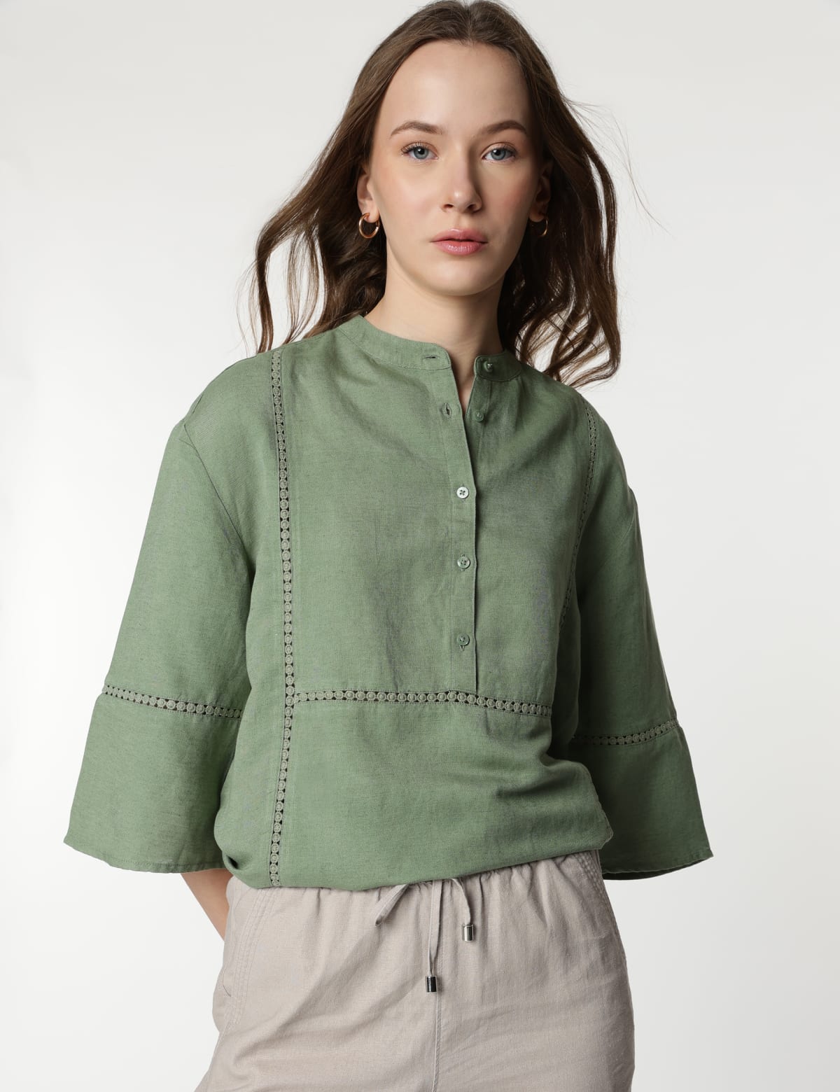 

Marks & Spencer Linen Mix Embroidery Bell Sleeves Tunic (FEMALE, BRIGHT SAGE, 10)