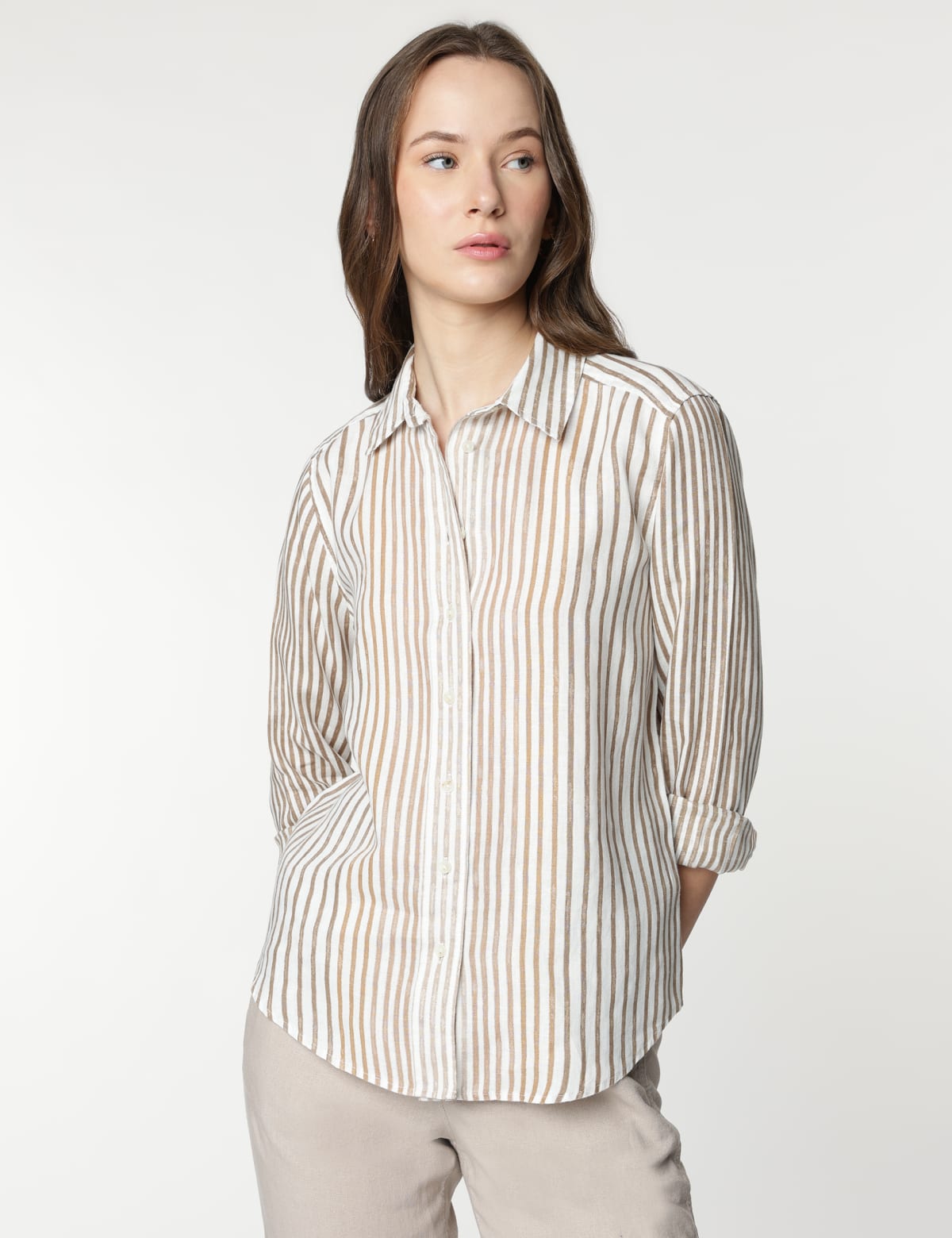 

Marks & Spencer Pure Linen Stripes Spread Collar Shirt (FEMALE, IVORY MIX, 10)