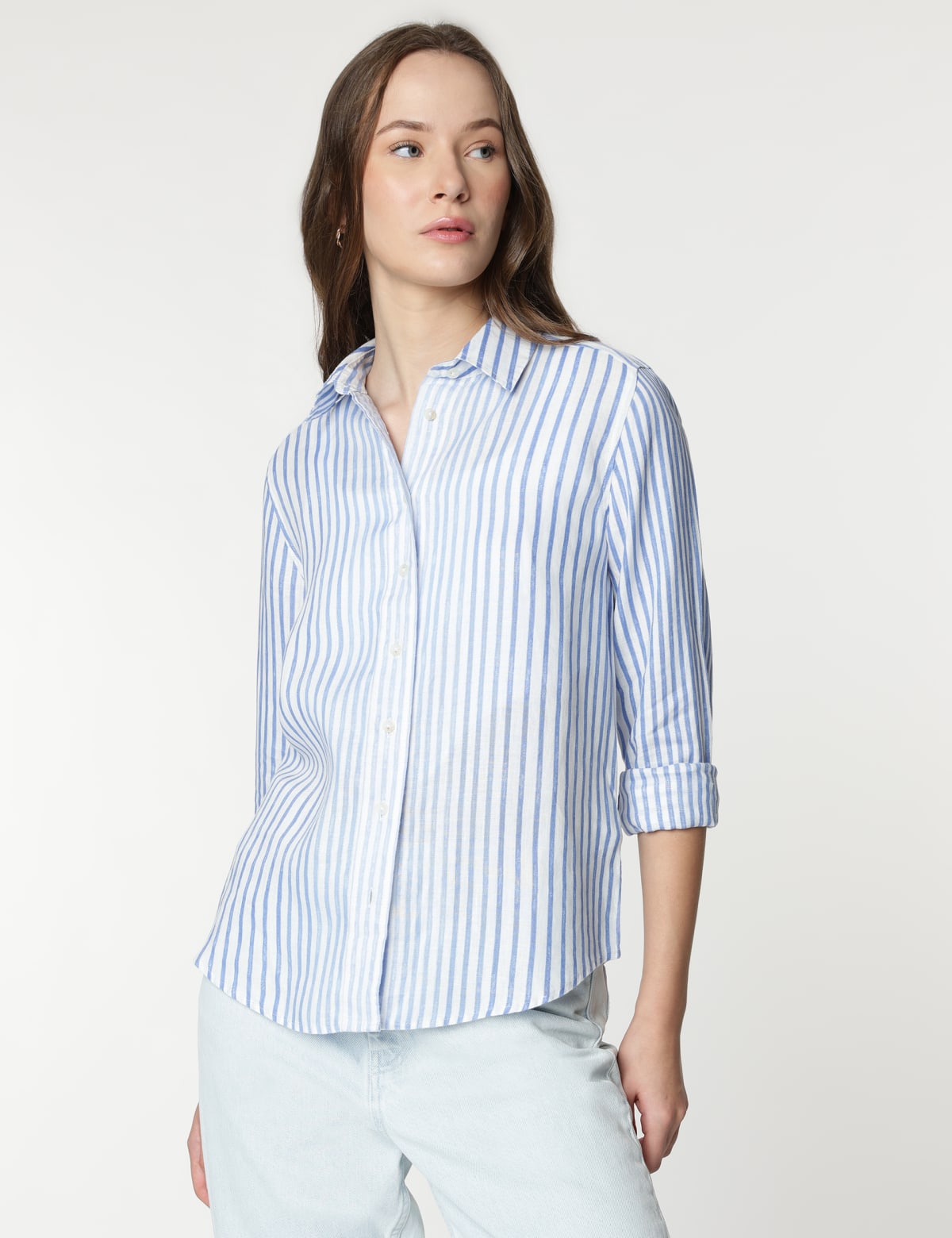 

Marks & Spencer Pure Linen Stripes Spread Collar Shirt (FEMALE, BLUE MIX, 12)